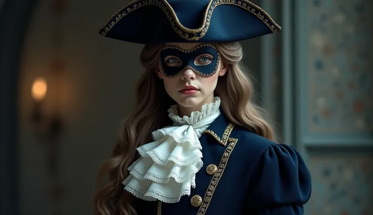 The misterious romantic caucasian young lady figure  is dressed in a elegantbaroque costume  era with a dark blue coat and white gold ornaments, ruffled jabot cravat, tricorn hat, trousers ,, long haircut wig , mask masquerade, ,but keep the formality appr...