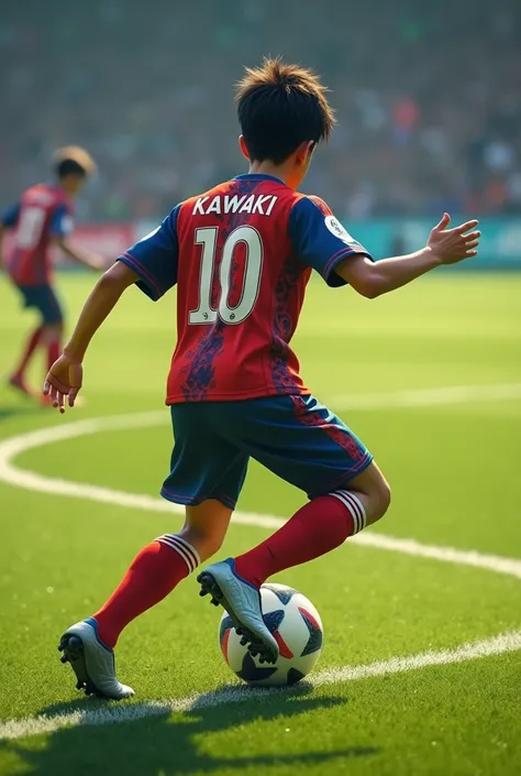 A young man playing soccer on a soccer field with the number 10 on his sports jersey and the name Kawaki on his shirt, which is in avatar and is turned to the other side 