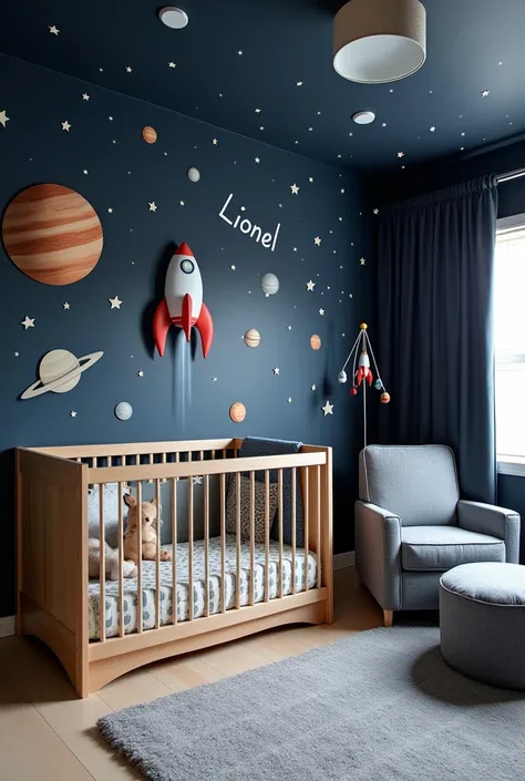 Space Adventure Walls and Colors: Navy blue painted walls with planet and star stickers. An accent wall could feature a mural of a rocket exploring space..

Furniture: Light wood crib with silver details. A chest of drawers and a nursing chair in shades of...