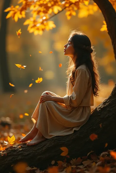 Girl sitting on a tree trunk singing，autumnal，falling leaf，golden，Cinematic light and shadow，k hd