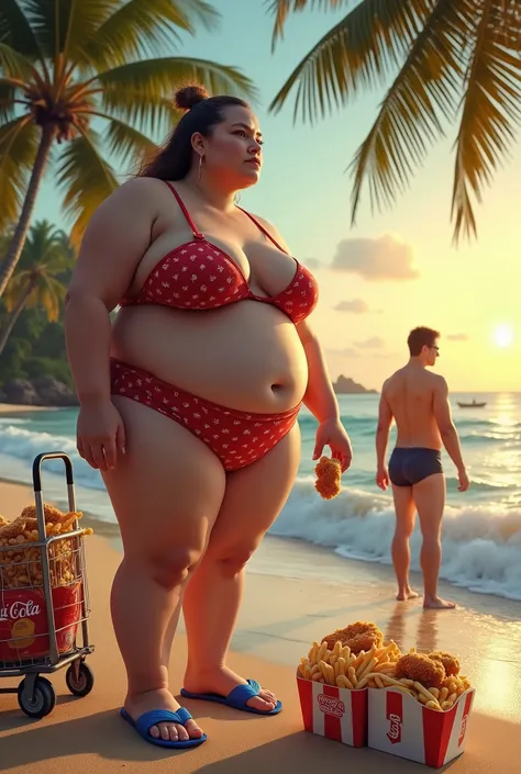 A very overweight woman weighs 180 kilograms with obesity. big breasts. in a red swimsuit with spots. In blue adidas flip flops. fat legs very . Wearing sandals. He holds a piece of fried chicken in his hand. There is a trolley with 30 kilograms of fast fo...