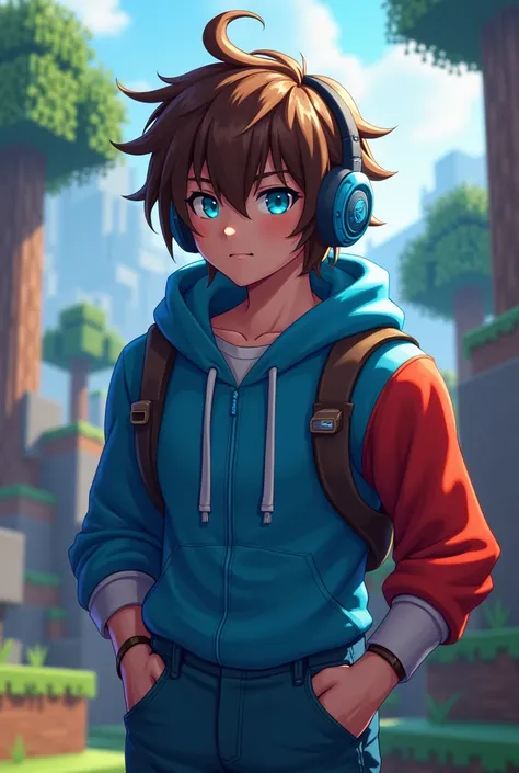 make a fanart of a brown haired, blue eyed male character, wearing a blue left hoodie, red right, wear ear headsets, using blue sword minecraft render background, size 1280x 1280