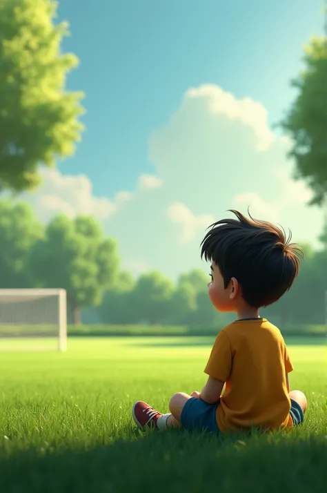 a boy was sitting on the edge of the football field contemplating 3D animasi bergerak 