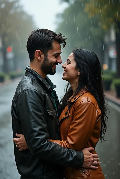 A young couple, very wet in the rain Happy.