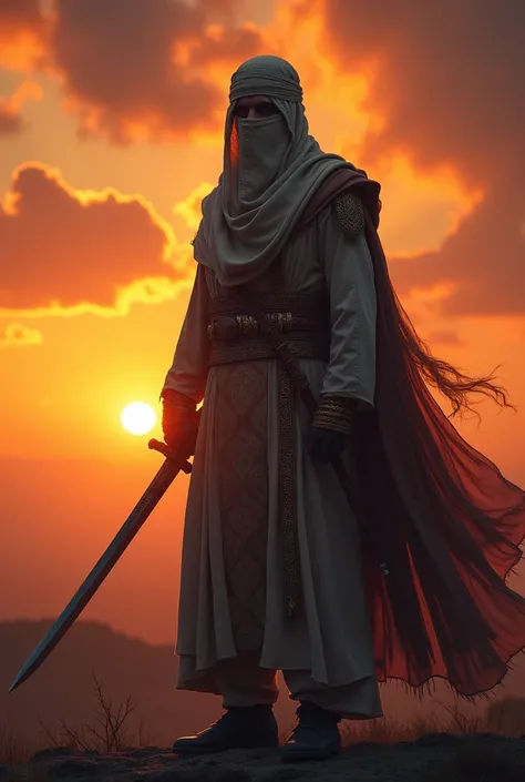 Islamic warrior standing with face cover up holding a sword with sunset view wearing a turban