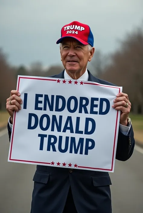 Joe Biden wearing red and blue baseball cap with the words Trump 2024 and holding a sign that reads, I endorse Donald Trump