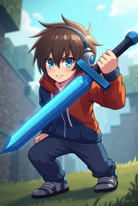 make a fanart of a brown haired, blue eyed male character, wearing a hoodie left blue right red, wear ear headsets, using blue sword minecraft render background, size 1280x 1280