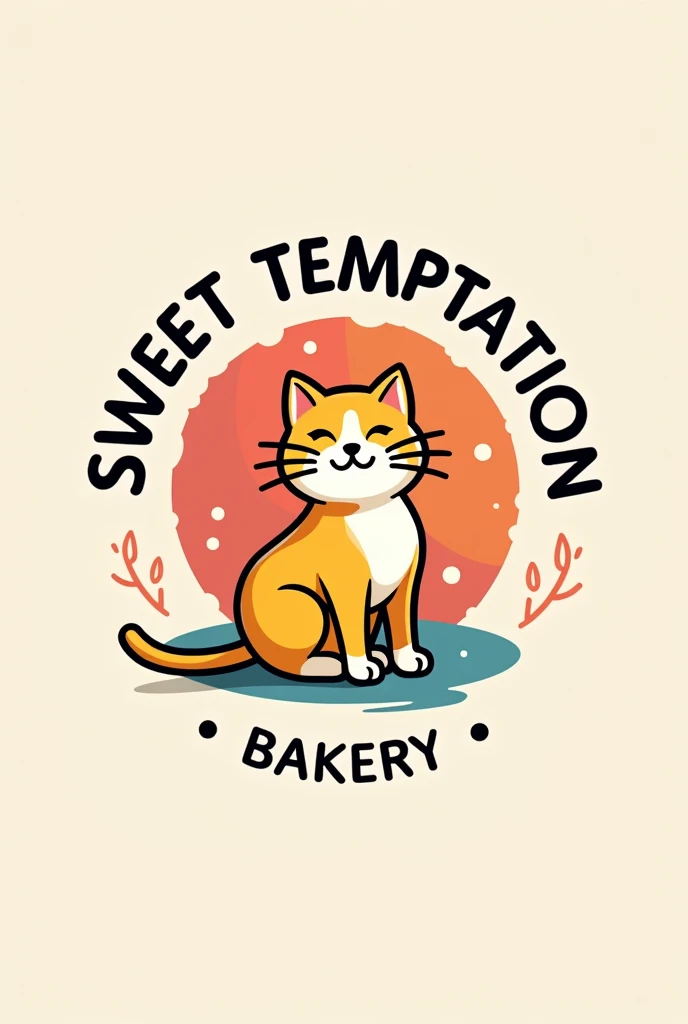 Logo of a bakery called Sweet Temptation with bright colors with a modern design with a cat