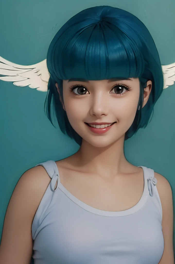 one girl, high resolution, smile, shortcuts, blue eyes, blue hair/light blue hair, angel halo, anatomically correct, masterpiece...