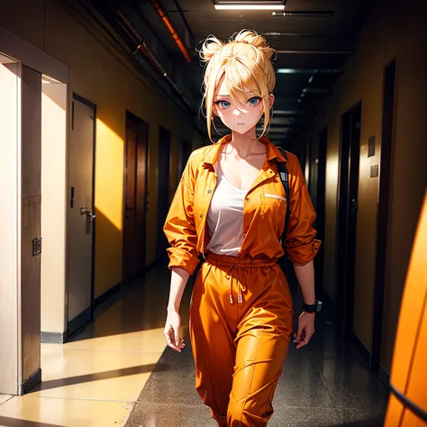 A blonde girl with her hair tied up in an orange prison uniform walking in the center of a prison hallway and handcuffed