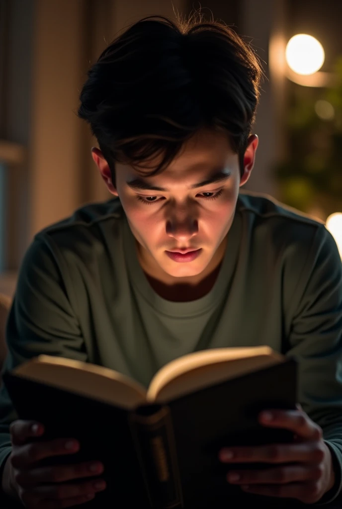 I want pictures of a 20-year-old guy reading a book and pictures taken from behind him