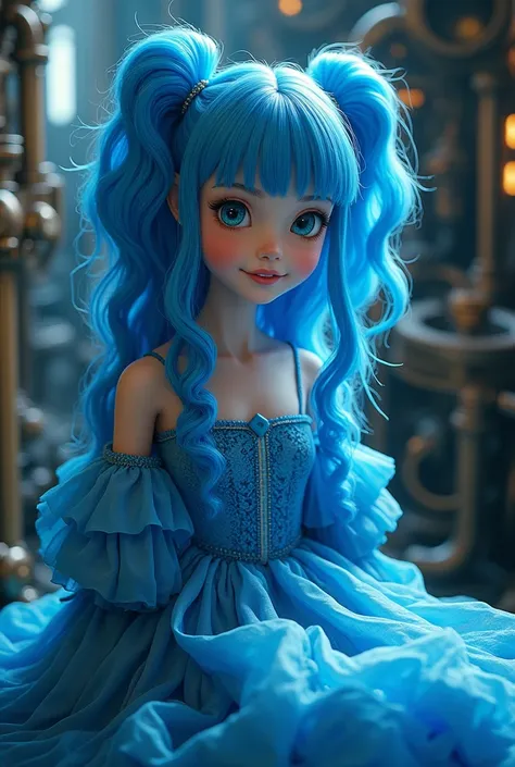 highly detailed, 8k, masterpiece, One girl, Blue frills_hair_tube, dress, bend_thats all , Grin, (perfection_face), Sitting, machine, Brilliant, Complex, Dramatic lighting, 4K, detailed_background, Caustics, full_body, (Surreal:1.3), bloom,(Beautiful light...