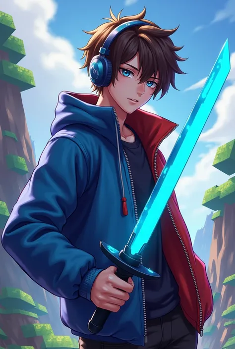 make a fanart of a brown haired, blue eyed male character, wearing hodie left blue right red wearing ear headset, using blue sword minecraft render background, size 1280x 1280