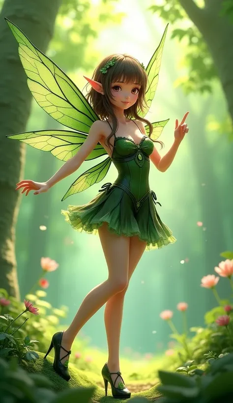 Anime girl in green and black costume on wings and green background, pixie character, fairy, forest fairy, insect trainer girl, brunette elf with fairy wings, pixie, cute 3d anime girl rendering, April rendering, fairy dance, open legs  