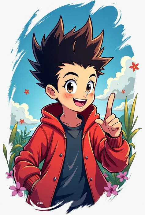 create a logo for a gaming youtube channel, where a boy appears smiling in the style of Ghibli Studios with a spiky mohawk and a red Akira jacket