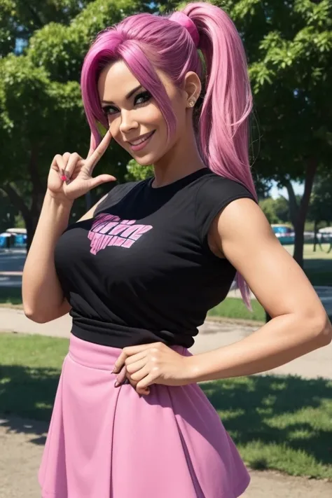 Milf, Latina, black and pink hair, two ponytails, blue eyes, tall, big breast, in a park, smiling, doing the peace signal, clothing emo style, mini skirt and top