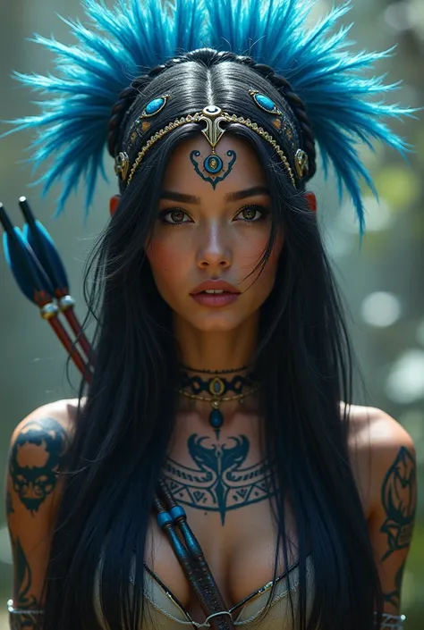 A beautiful indigenous woman with a blue headdress, long black wavy hair, smooth and beautiful face, full body image, high detail image, symetry, Fantasy Art dark brown eyes brown skin wears arrow on back indigenous tattoo on arms and face