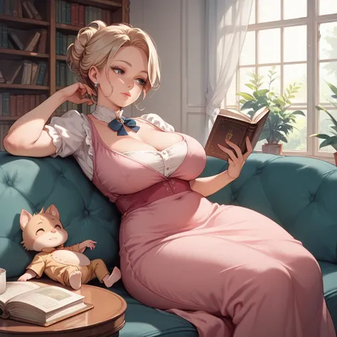 1 small shota boy ,1 mature woman, curvy, big, sexy, wearing pink dress, reading a book , sitting on the couch, hentai,
