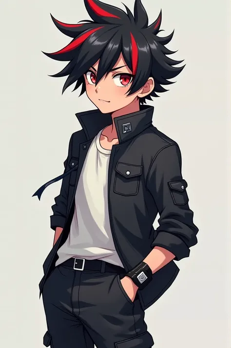 Anime guy with black fluffy hair and red streaks wearing a jacket and cargo pants