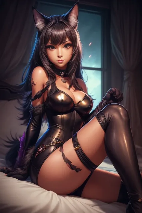 a woman in a cat suit sitting on a bed, furry fantasy art, seraphine ahri kda, furry art, extremely detailed artgerm, pov furry art, ahri, style artgerm, attractive cat girl, furry art!!!, as seen on artgerm, in the style artgerm, lola bunny fanart, artger...