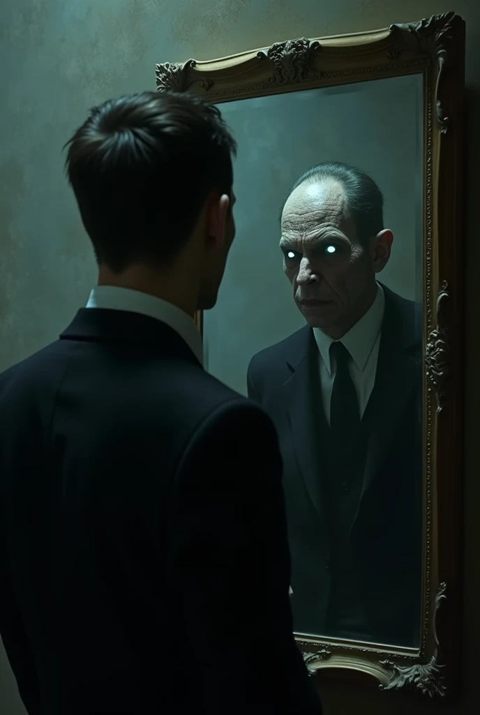 Man in mysterious suit looks in the mirror and the reflection appears to him as an evil spirit 