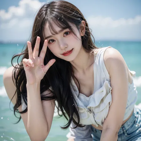 RAW Photos:1.2, masterpiece, Best Quality, 16k, Unbelievably absurd, Very detailed, Perfect beauty, At the edge of the beach,Jump, 1 girl, Water splashes fly, Long black curly hair, Straight bangs, Long sideburns, Wet Hair, Vibrant colors, Ultra-realism:1....