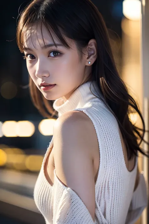 One Girl, ((Oversized high neck cable knit,short knit dress,I can see your shoulders:1.10)), (Beautiful Japanese Idol Portrait Photos), (New York night view), (RAW Photos, Best Quality), (Realistic, photo-Realistic:1.4), masterpiece, 8K Portrait, Very deli...