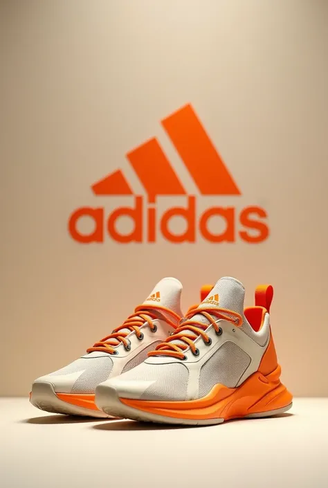 live-action、Real、Sand beige and orange high-top tech sneakers in front of a wallpaper with the Adidas logo