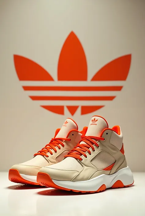 live-action、Real、Sand beige and orange high-top tech sneakers in front of a wallpaper with the Adidas logo