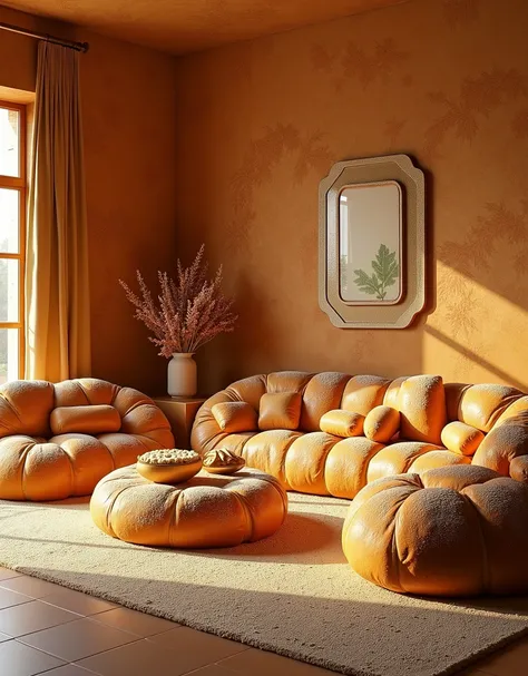 A modern living room crafted entirely from a variety of bread types, with crusty walls, a plush carpet made from golden-brown bread crumbs, and furniture sculpted from intricately arranged bread rolls, all bathed in a soft, warm, and inviting light, as if ...