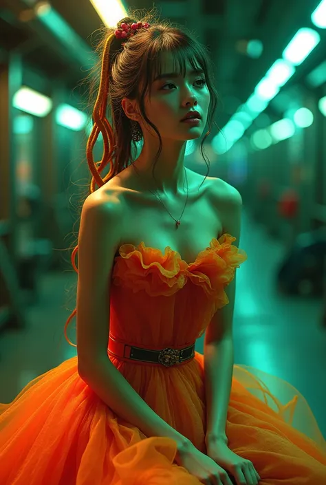 highly detailed, 8k, masterpiece, One Girl, Colorful frills_hair_tube, dress, bend_That&#39;s it , Green(perfection_face), Sitting, mechanical, wonderful, Complex, Dramatic lighting, 4K, detailed_background, Caustics, full_body, (Surreal:1.3), bloom,(Beaut...