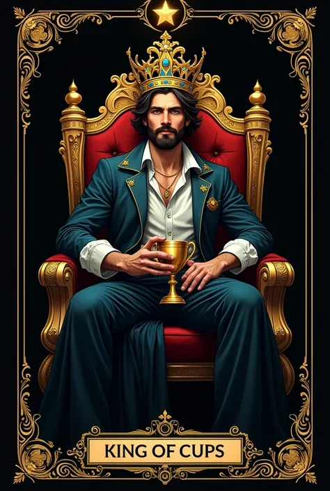 tarot card, king of cups, charming and attractive man, sitting on his throne, with a crown on his head, holding a cup in his hands, black card with gold written king of cups