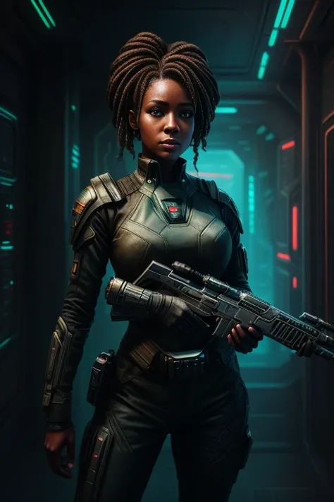 there is a woman holding a gun in a sci - fi style scene, scifi woman, epic sci - fi character art, epic sci-fi character art, epic scifi character art, sci-fi female, portrait of a sci - fi woman, sci fi female character, sci-fi fantasy art, scifi illustr...