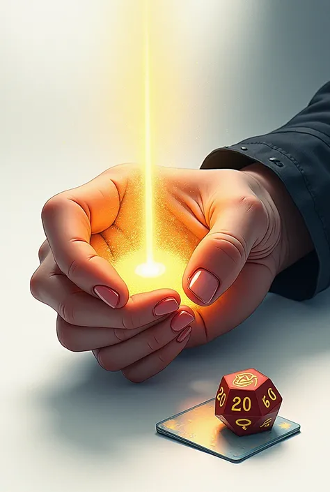 PAINTING ILLUSTRATION POSTER, ARTIST OF A hand holding a glowing magic RPG card, with a 20-sided dice on the table,, WHITE BACKGROUND. URBAN EXPRESSION STYLE DSLR, Cinematic lighting, Cinematic style, Photorealistic, RAW photo, HDR, UHD, 64K, Dynamic angle...