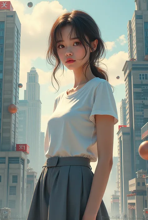 A girl in a grey skirt and white T-shirt, cityscape with mathematical elements, geometric shapes, numbers, best quality, 4k, 8k, highres, masterpiece:1.2, ultra-detailed, realistic, photorealistic, photo-realistic:1.37, digital art, conceptual, minimalist,...