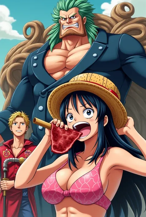 Female Luffy eating meat wearing a pink bra with bearded Zoro behind and Big Mom eating Brook