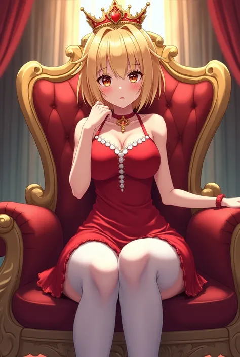 (The highest image quality, master piece:1.2), (Ultra Definition Illustration), (very cute little princess:1.3), (1 girl:1.2), Solo, (shoot from below) ,(condescending look) (NSFW:1.3), embarrassed, gorgeous red sleeveless queen dress, sitting on the thron...