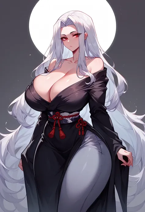 standing, full view, mixed_artwork style, big , cleavage, face detailed, 1woman, beautiful woman, wide hips, huge breasts, gray long hair, (black kimono, cultivaotr wuxia), red eyes, imponent pose