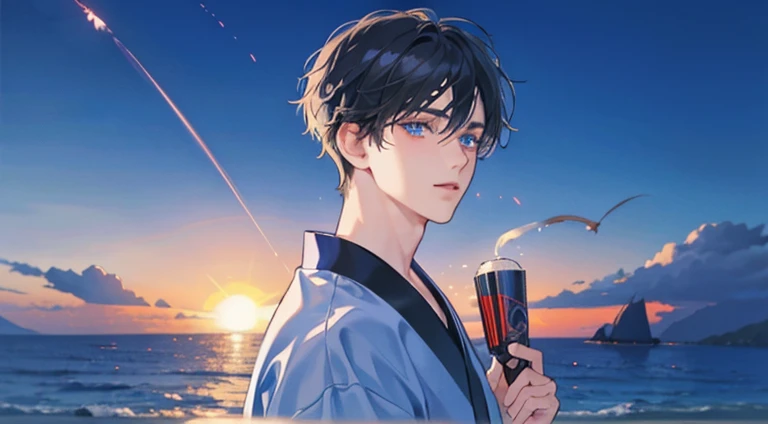 Best Quality, masterpiece, One Boy, Male Focus, good looking, Black Hair, Short Hair, Blue Eyes, Delicate face, Detailed eyes and face, yukata, Medium build, Seaside residential area, Blue Sea, Beautiful night sky, firework, 日本のfirework大会, From the side, H...