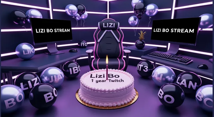 a bright streamers room with purple lighting and black and silver balloons on which "LIZI BO" is written, one streamers chair, astreamers table in the middle, a computer, two monitors, "LIZI BO Stream" is written on the monitor screens, in the middle there...