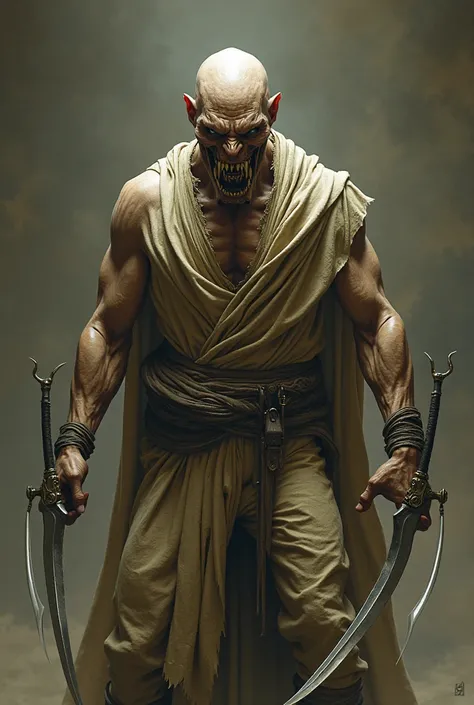 man with big, pointy teeth , bald , large blades coming out of the wrists and a cloth outfit, beige skin color