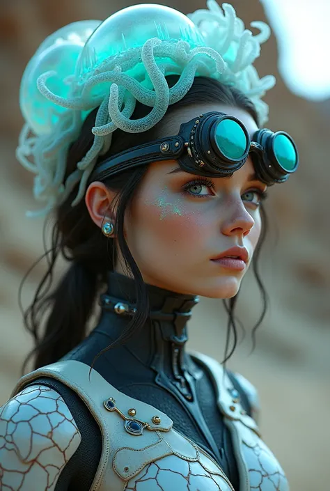 Ethereal Cyborg Woman, bioluminescent jellyfish tiara. Steampunk goggles merge with translucent tentacles. Cracked porcelain skin meets iridescent scales. Mechanical implants and delicate tendrils intertwine. Human characteristics with an otherworldly glow...