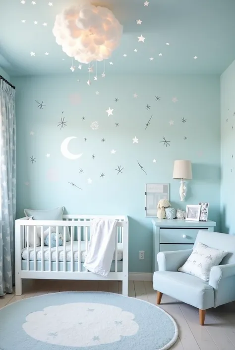 Starry Sky Walls and Colors: The walls are painted a soft light blue, creating a peaceful background. Stickers or murals of stars and moons in shades of white and silver are scattered throughout the space, with some constellations discreetly drawn.

Furnit...