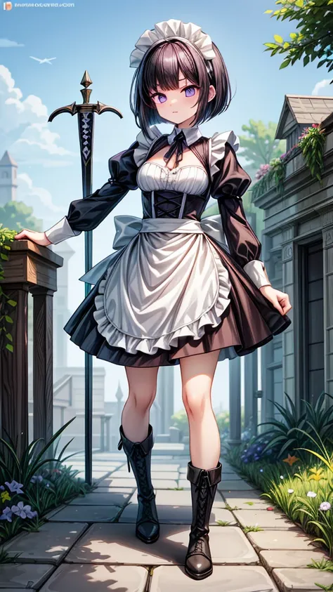 masterpiece,Best Quality,One Girl,Black hair bob cut,Light purple eyes,White and beautiful skin,Slender body,A naughty  maid accompanying the adventurer,Fantasy World,sexy,Short Sword,Black short boots,,Sword,Character Design,Outdoor,Viewpoint,Standing pos...