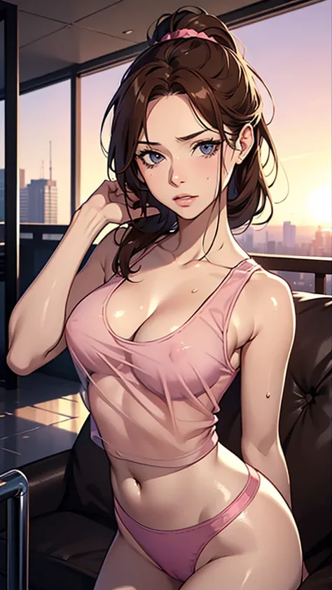 {8k image},  with intense rain，， 2 russian girl，Raised sexy，drenched all over the body，clothes see-through:1.2,, c cup，Wet hair, woman brown wavy hair and a ponytail. torn clothes. (pink summer tank top), damaged clothes, Cleavage, exposed.  {looking direc...