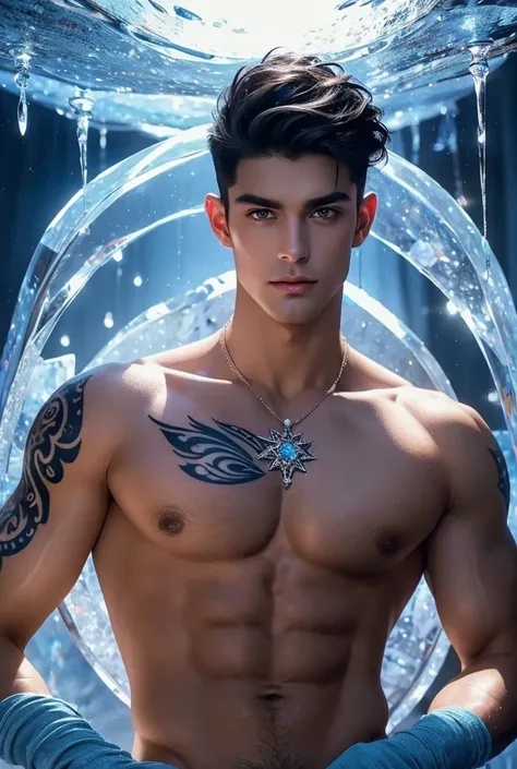 A tall handsome muscular young man stands in a massive ice crystal cave, surrounded by crystal that glow softly in hues of blue. His sculpted chest and abs shimmer in the ethereal light, and his tousled short hair falls casually over his sharp handsome fea...