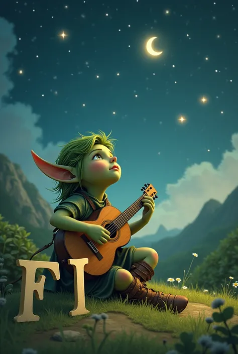 Create an image that contains a small green male elf with a guitar, looking at the stars, and as a foreground the capital letters (f) (I) (n)