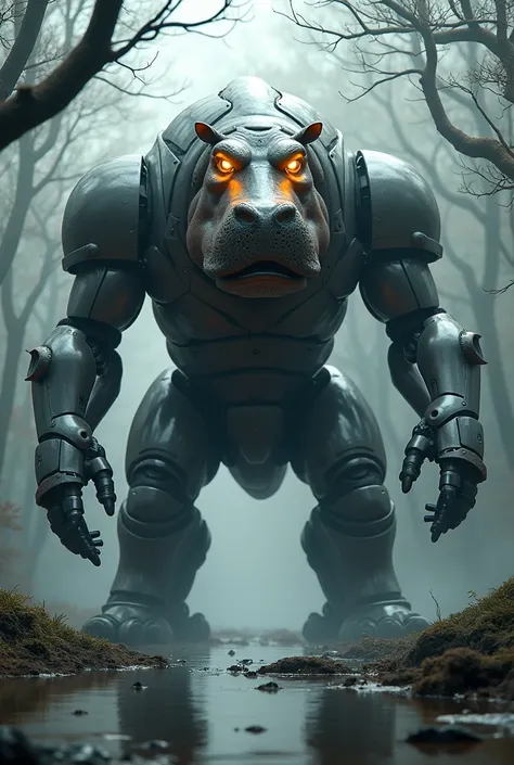 Draw me a Hippopotamus robot being angry With eyes and body that glow and look scary  in a The riverbank looks creepy, the image is as realistic as possible, make it with a resolution of 9:16