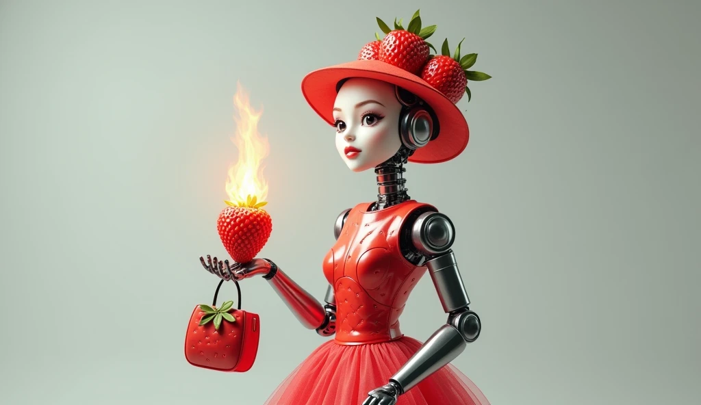 I want a humanized robot model with makeup dressed in a strawberry dress and a hat with strawberry feathers with a strawberry purse on fire on a solid light gray background looking straight ahead