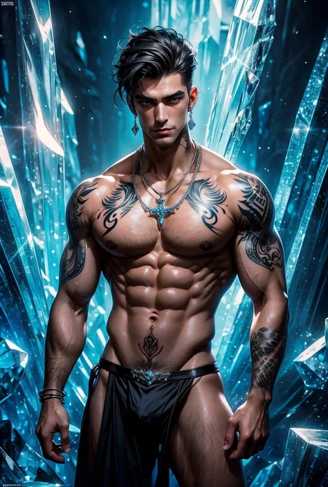 A tall handsome muscular young man stands in a massive ice crystal cave, surrounded by crystal that glow softly in hues of blue. His sculpted chest and abs shimmer in the ethereal light, and his tousled short hair falls casually over his sharp handsome fea...